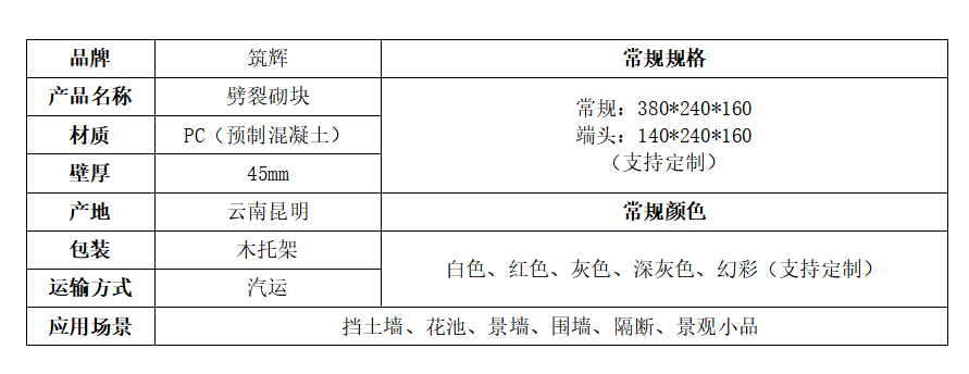 劈裂砌塊規(guī)格說明